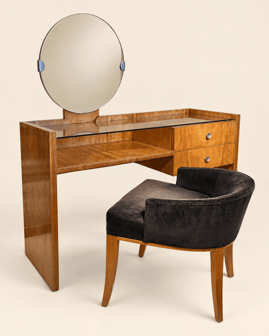 Coiffeuse Art Déco en noyer et son fauteuil — vue studio reconstituée et illustrative