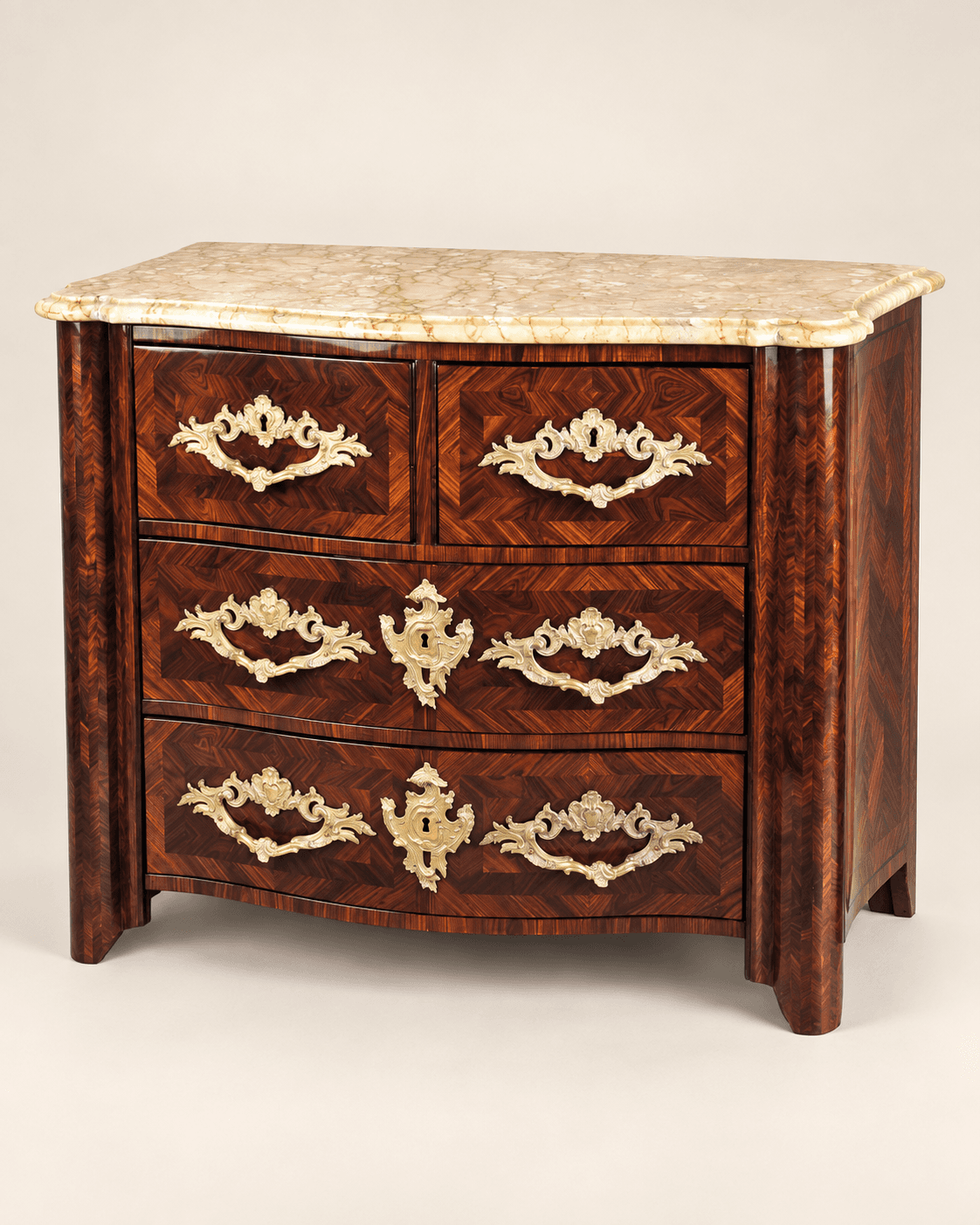 Commode Louis XIV en marqueterie de palissandre et bronzes dorés, 18th — vue studio reconstituée et illustrative