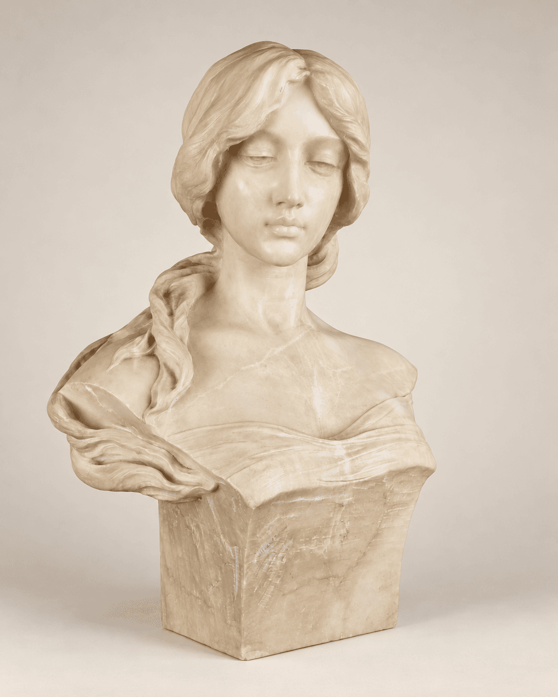 Emilio Fiaschi, buste d'élégante en albâtre, 20th — vue studio reconstituée et illustrative