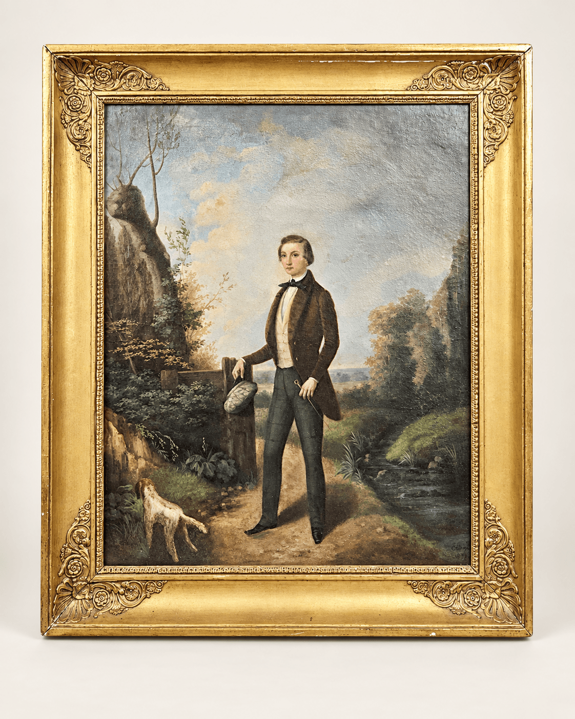 Huile sur toile, « Portrait d’un élégant dans la campagne », Antoine Dury, 1852 — vue studio reconstituée et illustrative