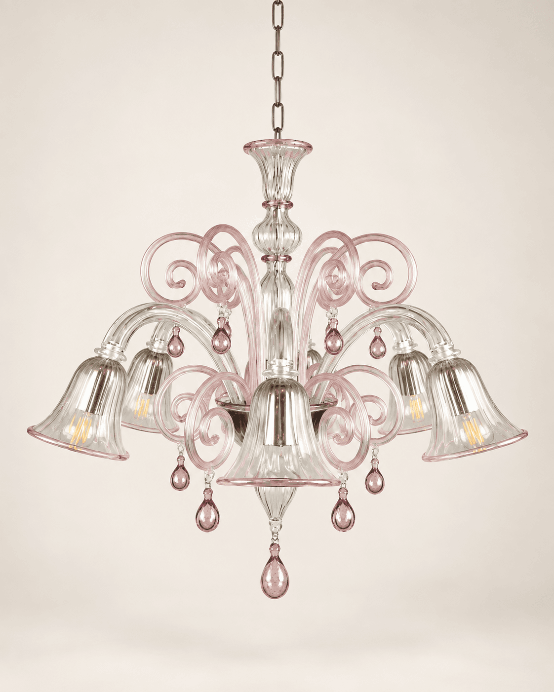 Lustre Murano à six bras et volutes, 20th — vue studio reconstituée et illustrative