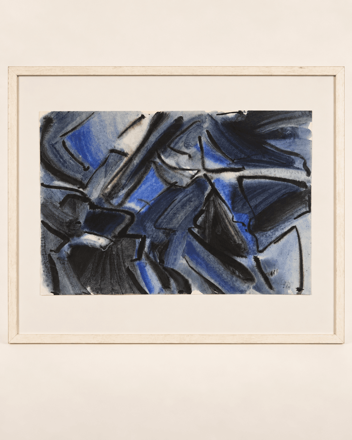 Aquarelle et gouache sur papier, Jan Saverys, datée de 1989 — vue studio reconstituée et illustrative