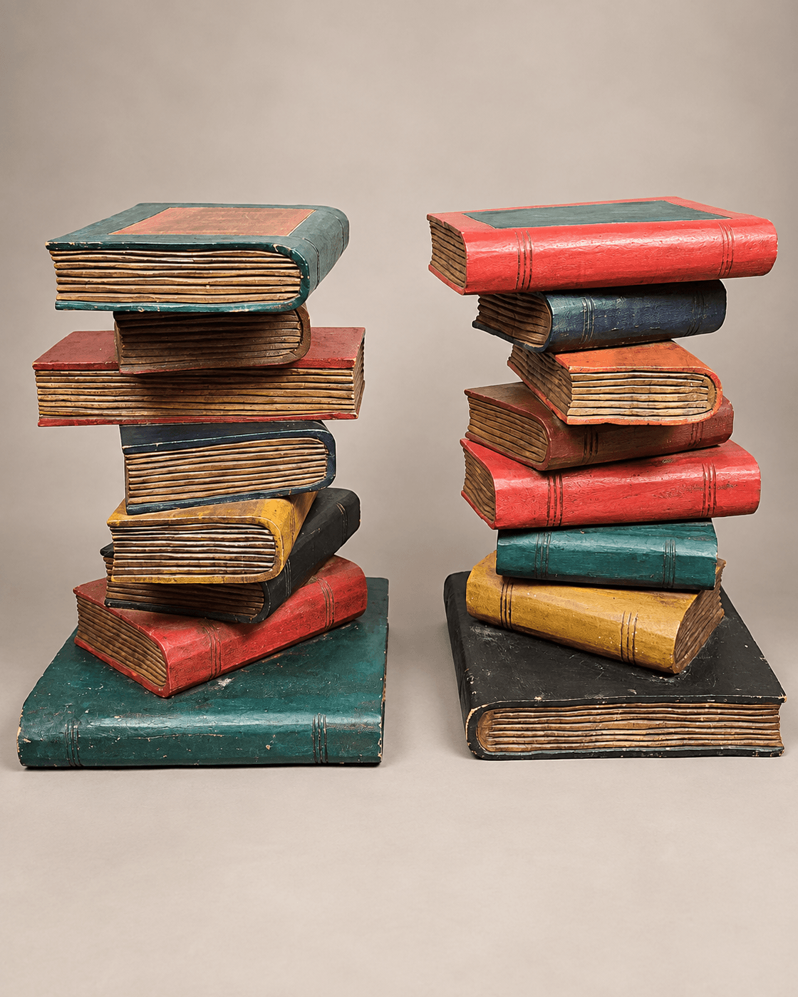 Paire de tables d’appoint « livres empilés », attribuées à Maitland-Smith — vue studio reconstituée et illustrative