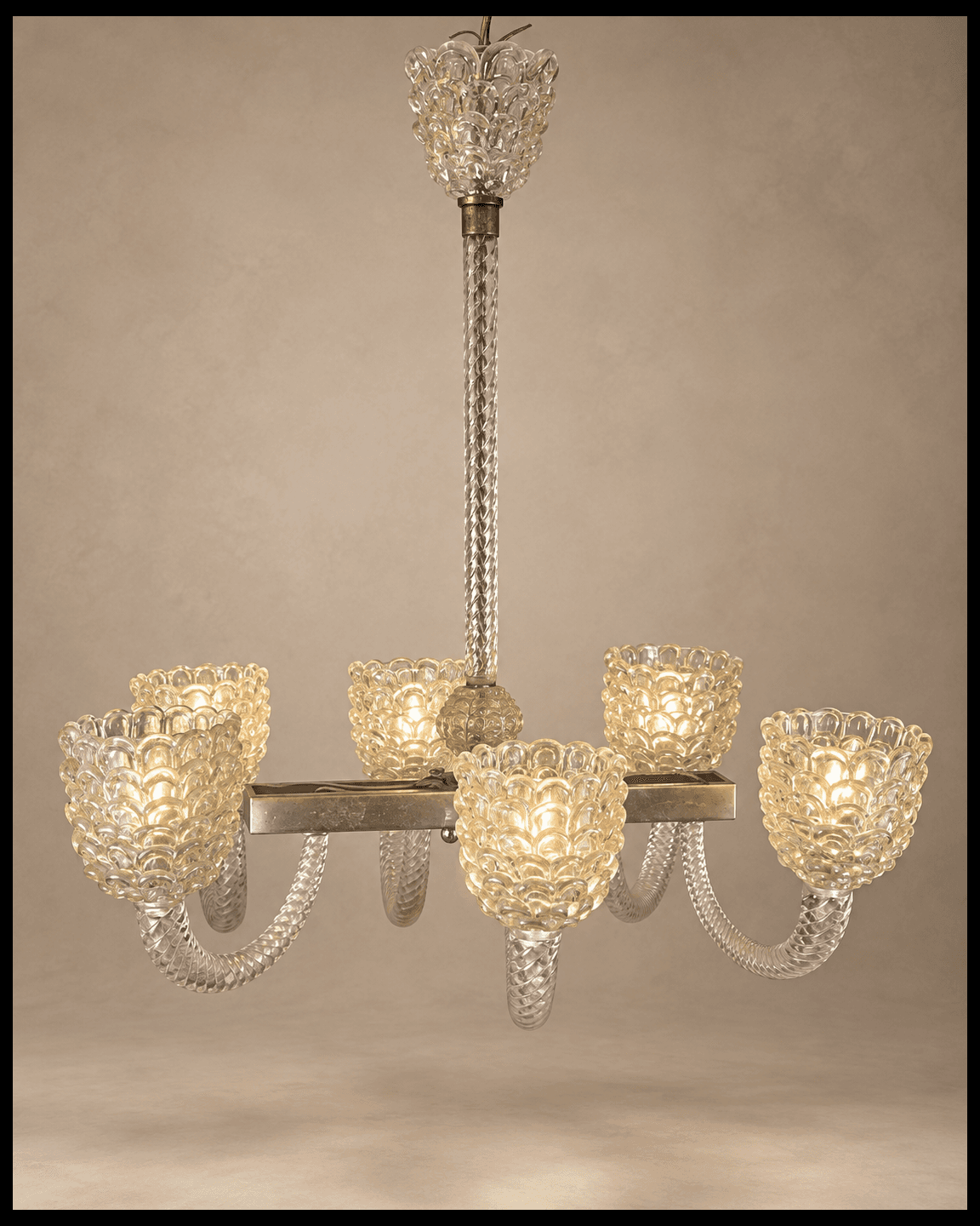 Lustre Barovier en verre de Murano à 6 lumières — vue studio reconstituée et illustrative