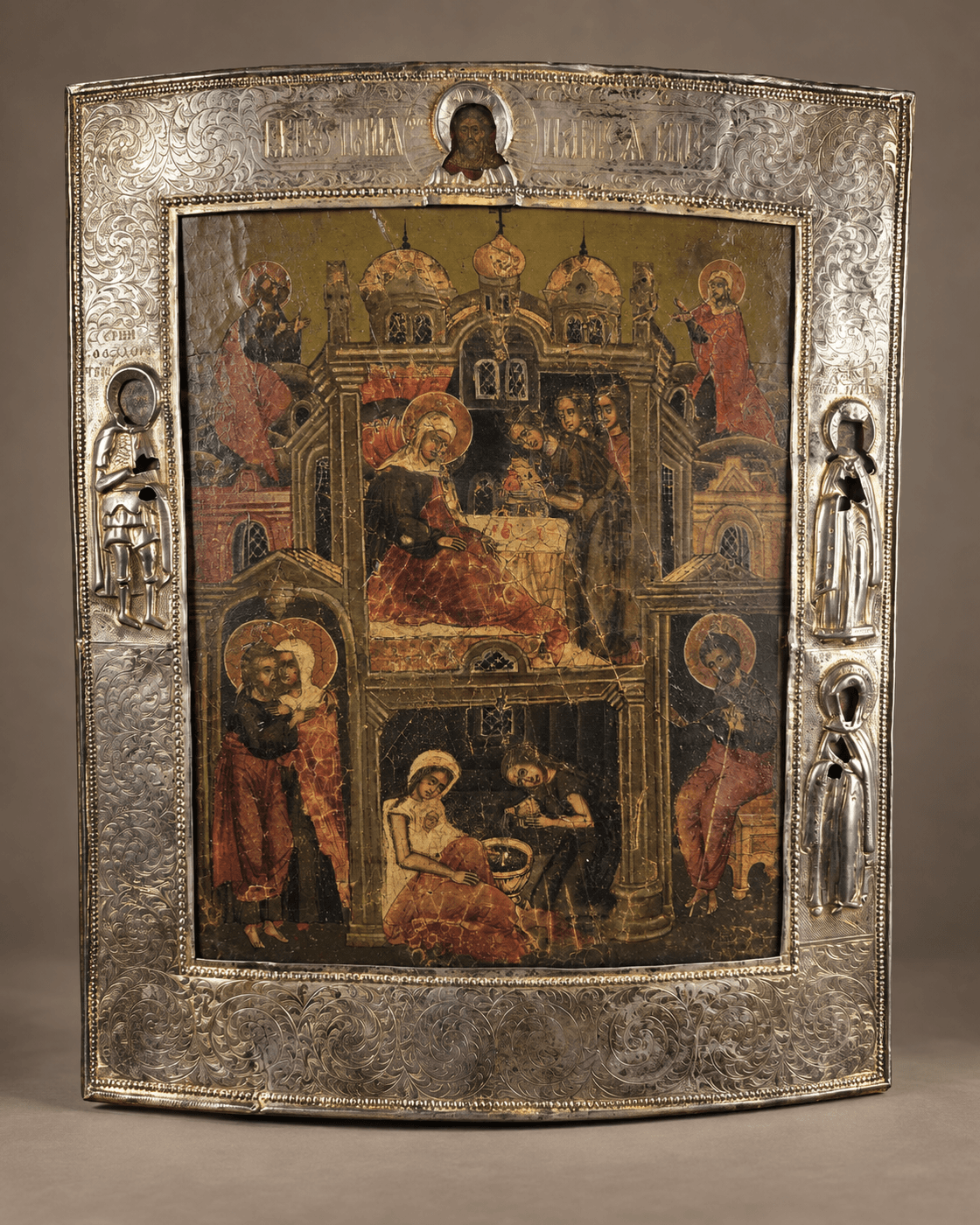 Icone Russe, argent, "Nativité de la très sainte mère de dieu" 18th — vue studio reconstituée et illustrative