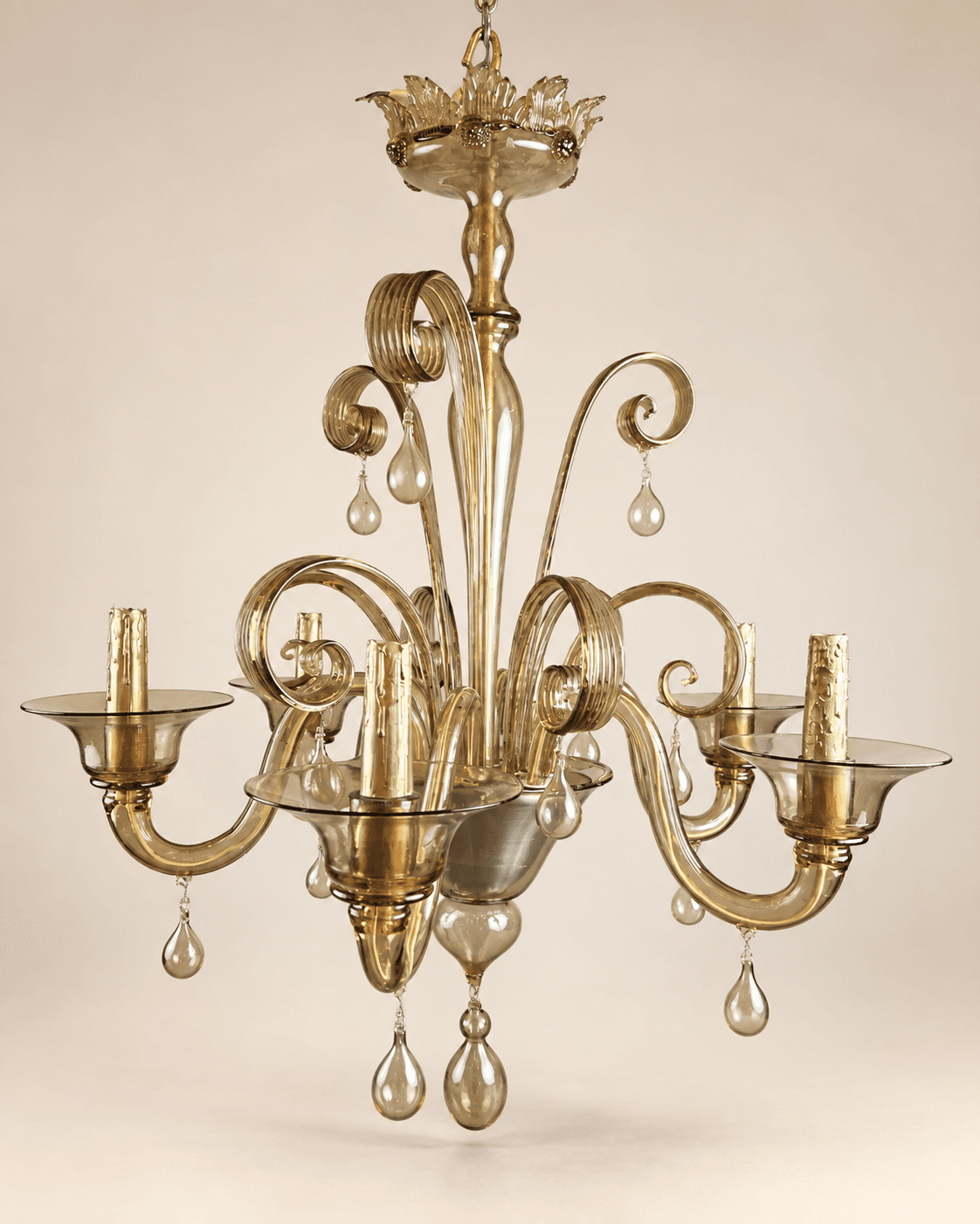 Lustre Murano en verre ambré à 6 bras de lumières, vers 1950