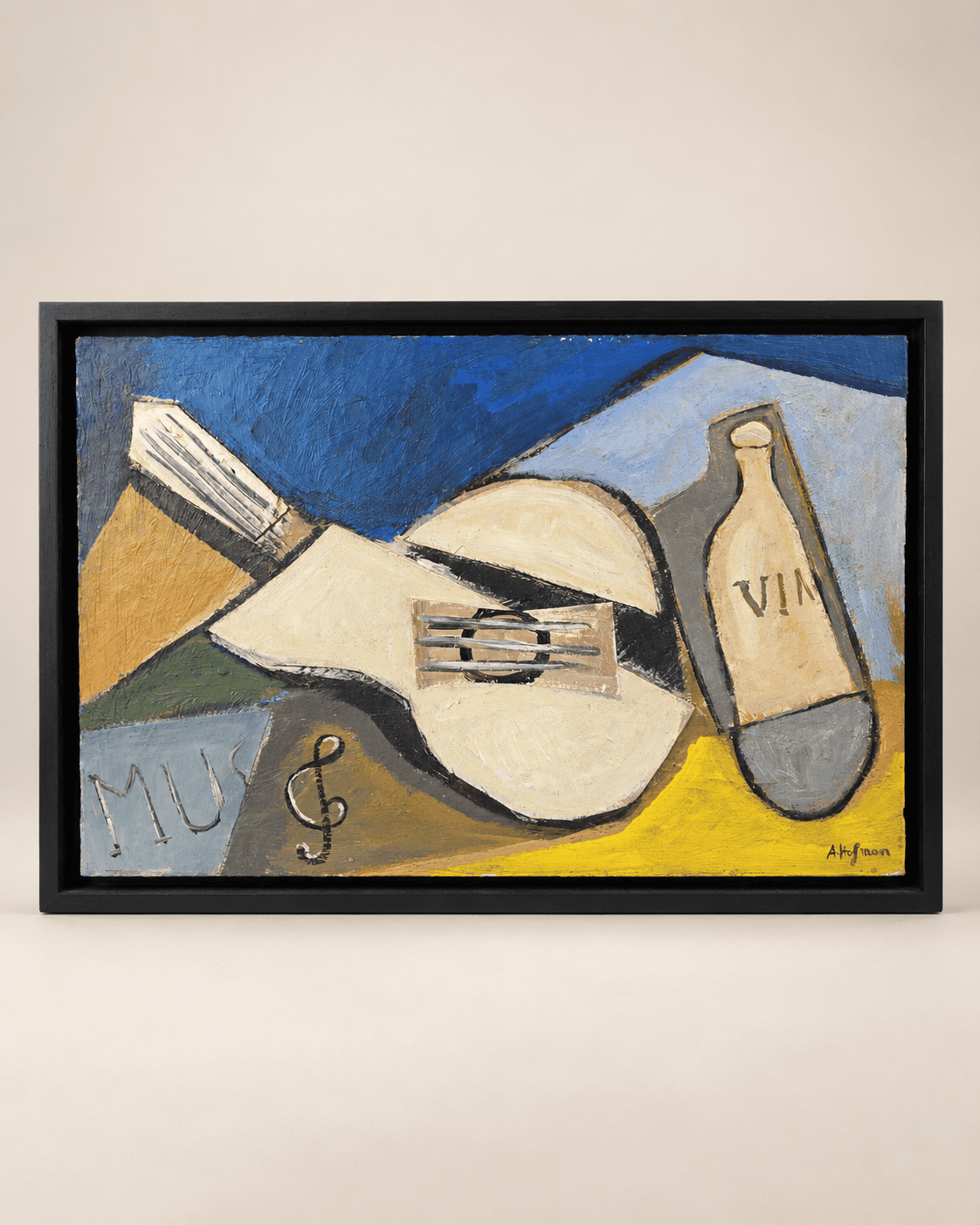 Huile sur toile et collage, « Instruments de musique et vin », par Aad Hofman