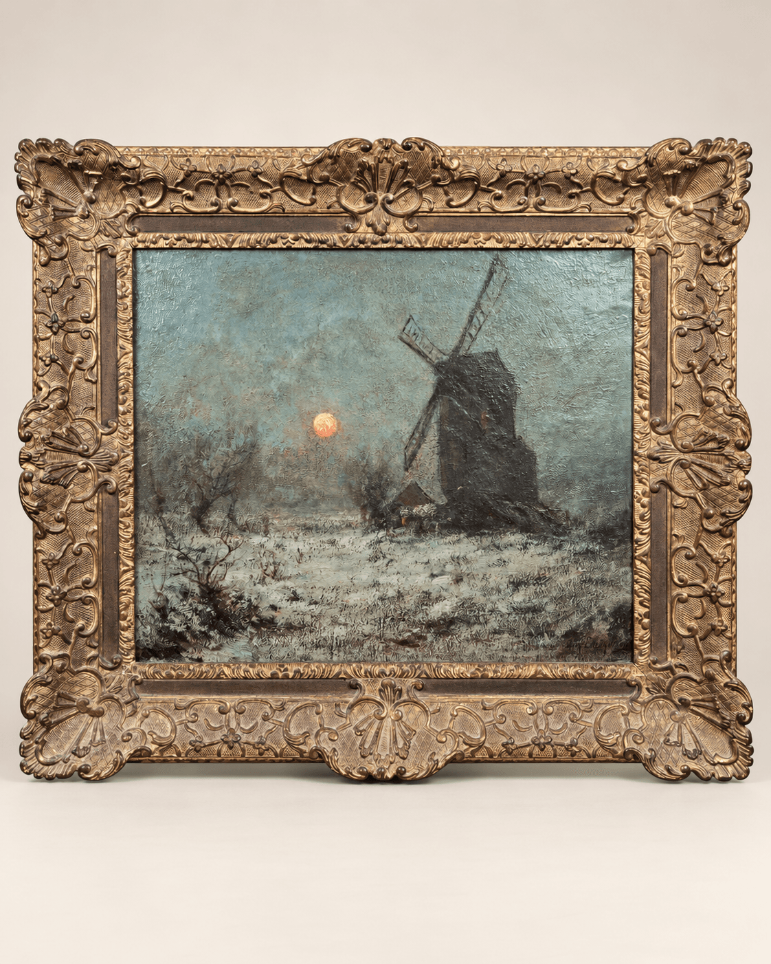Huile sur toile, "Clair-obscur au moulin", signée Auguste Breugelmans, début du XXe siècle