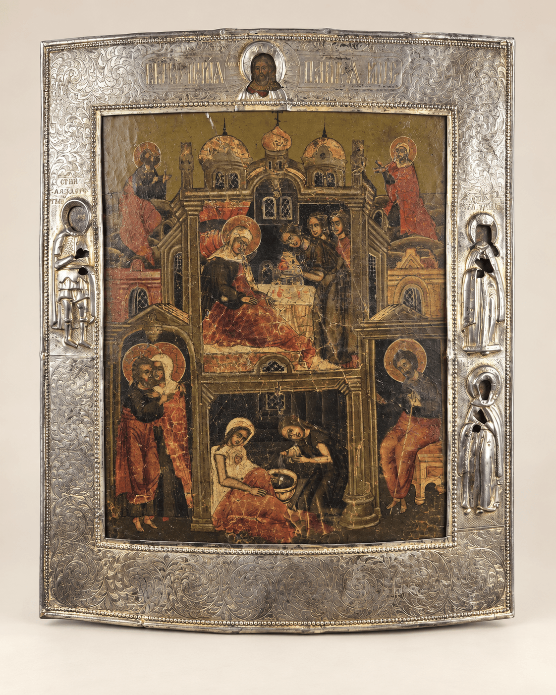 Icone Russe, argent, "Nativité de la très sainte mère de dieu" XVIIIe