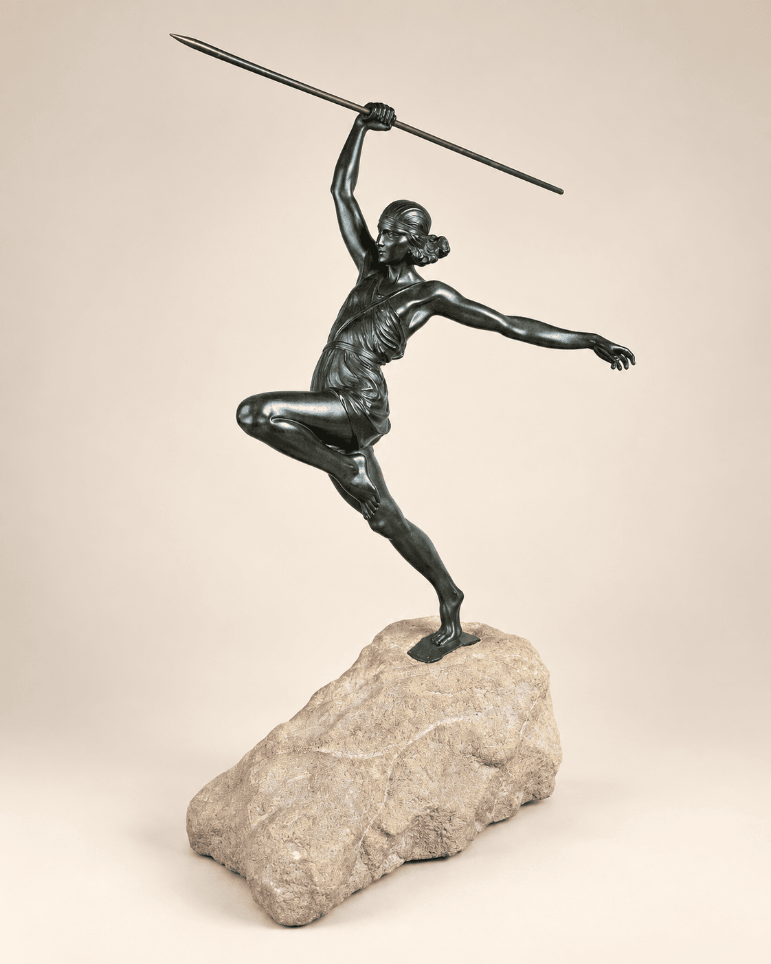 Pierre le Faguays, Max le Verrier Bronze à patine verte "lanceuse de javelot" 1er édition 1920