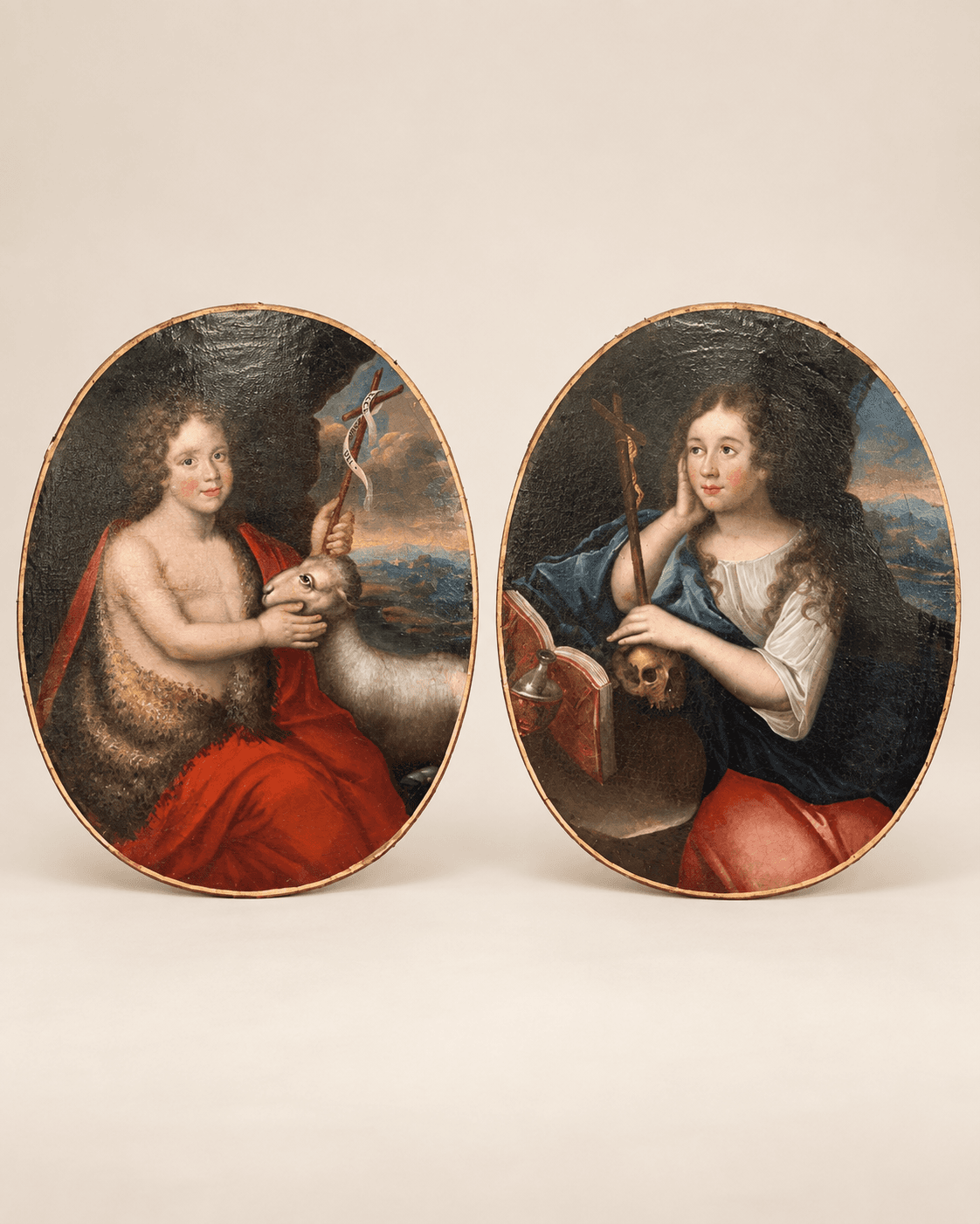 Paire de médaillons, huile sur toile "St Jean Batiste et Marie Madelaine" XVIIIe