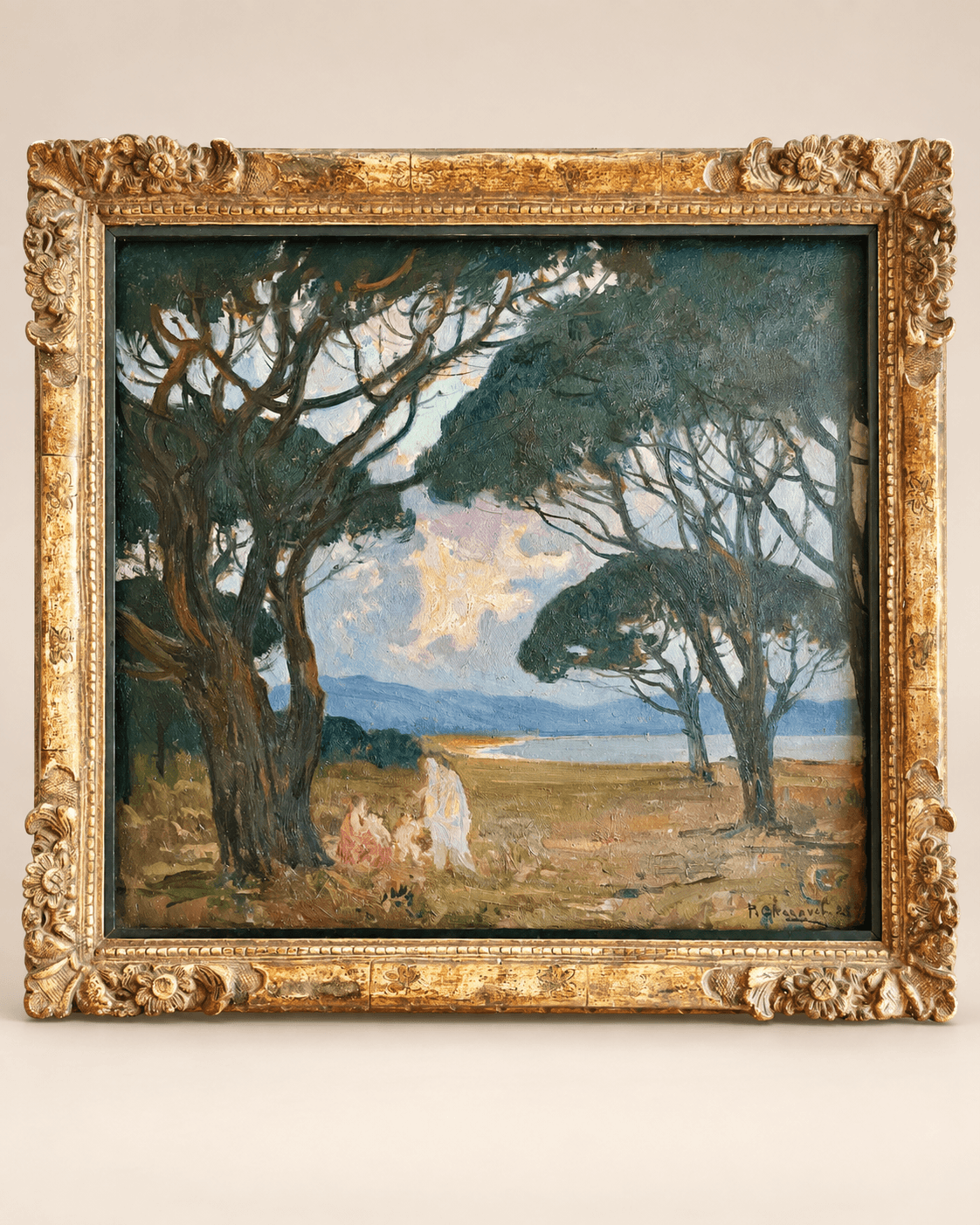 Paul Charavel (1877-1961), à l’ombre des pins, huile/panneau, signée, 1928, 55x51cm (65x60 cm).