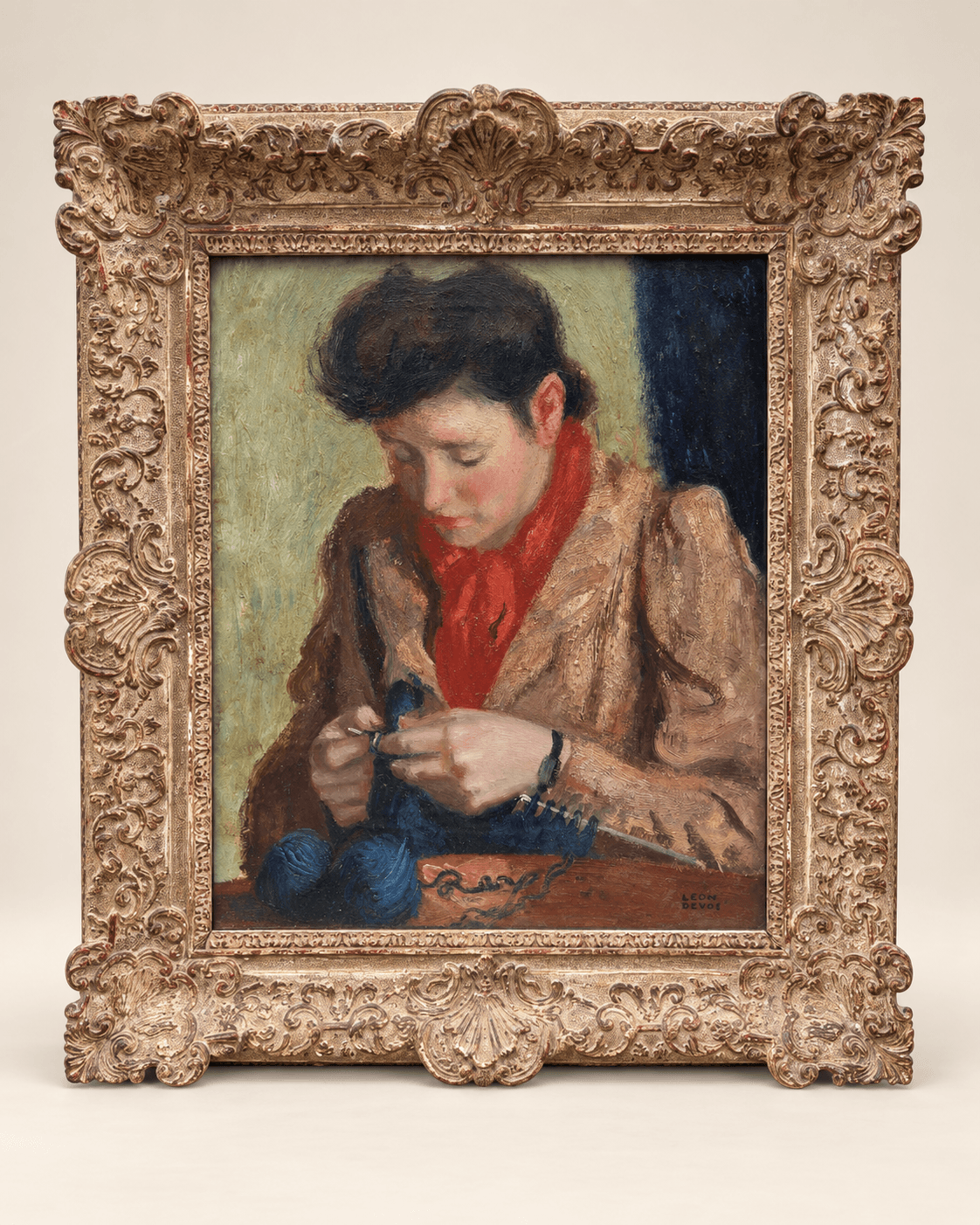 Huile sur toile, Émilie la tricoteuse, Léon Devos (1897–1974), Belgique, vers 1940